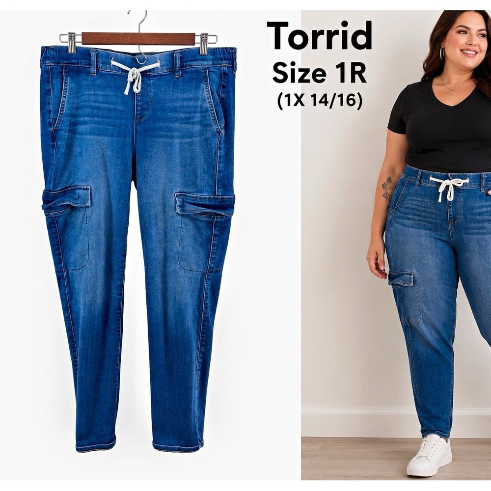 Torrid FeelTheFit Jogger Jeans Women's 1R 1X 14/16 Blue Med Wash Cargo Stretch